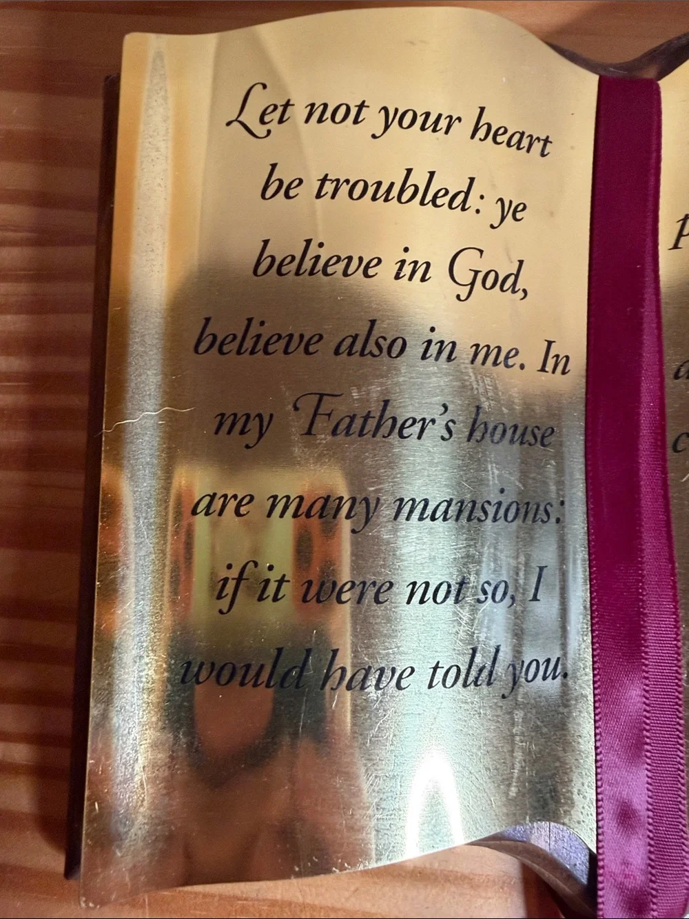 Vintage Brass Open Book Bible Verse Plaque Wood John 14:1-3